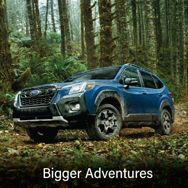 A blue Subaru outback wilderness with the words &ldquo;Bigger Adventures&ldquo;. | Salina Subaru in Salina KS