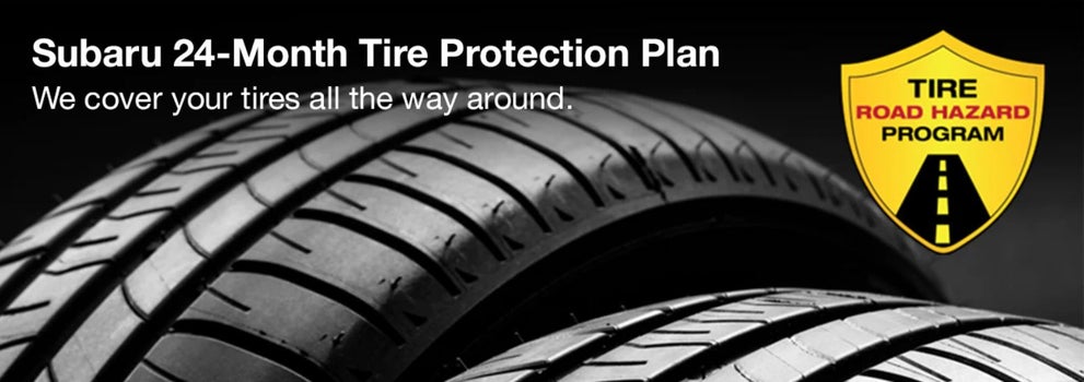 Subaru tire with 24-Month Tire Protection and road hazard program logo. | Salina Subaru in Salina KS